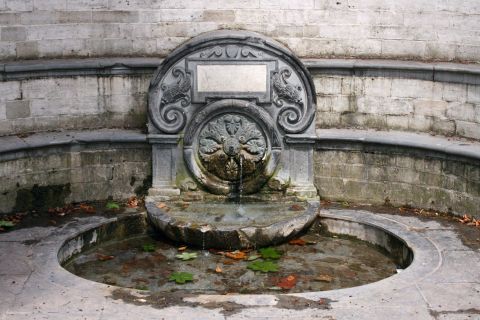 Sankt-Annenquelle im Park von Laeken in Brüssel mit steinerner Fassung und Wasserbecken